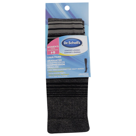 Packaged pair of black and grey striped Dr. Scholl's Women's Graduated Compression Knee High socks, DSW22011K1.