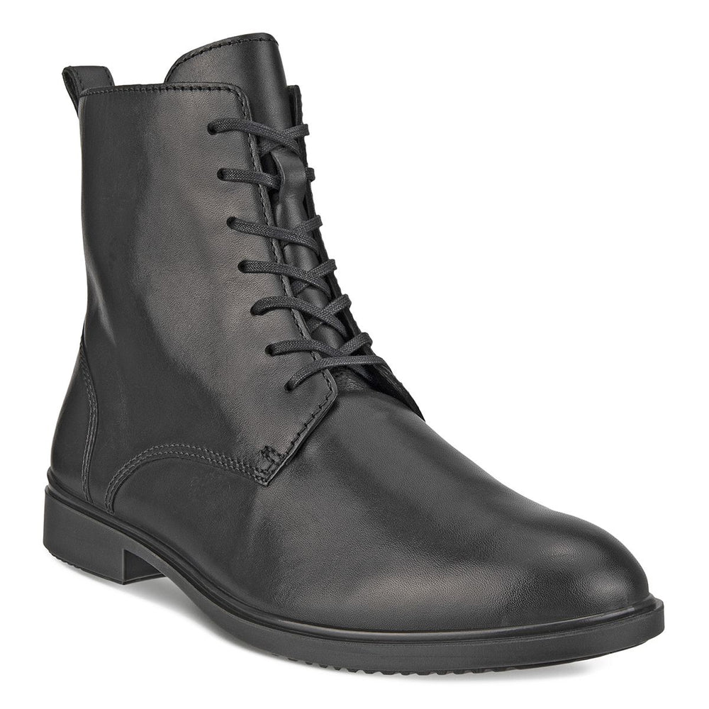 Women’s black leather lace-up ankle boot with a low heel and rounded toe. Style # 2098231001