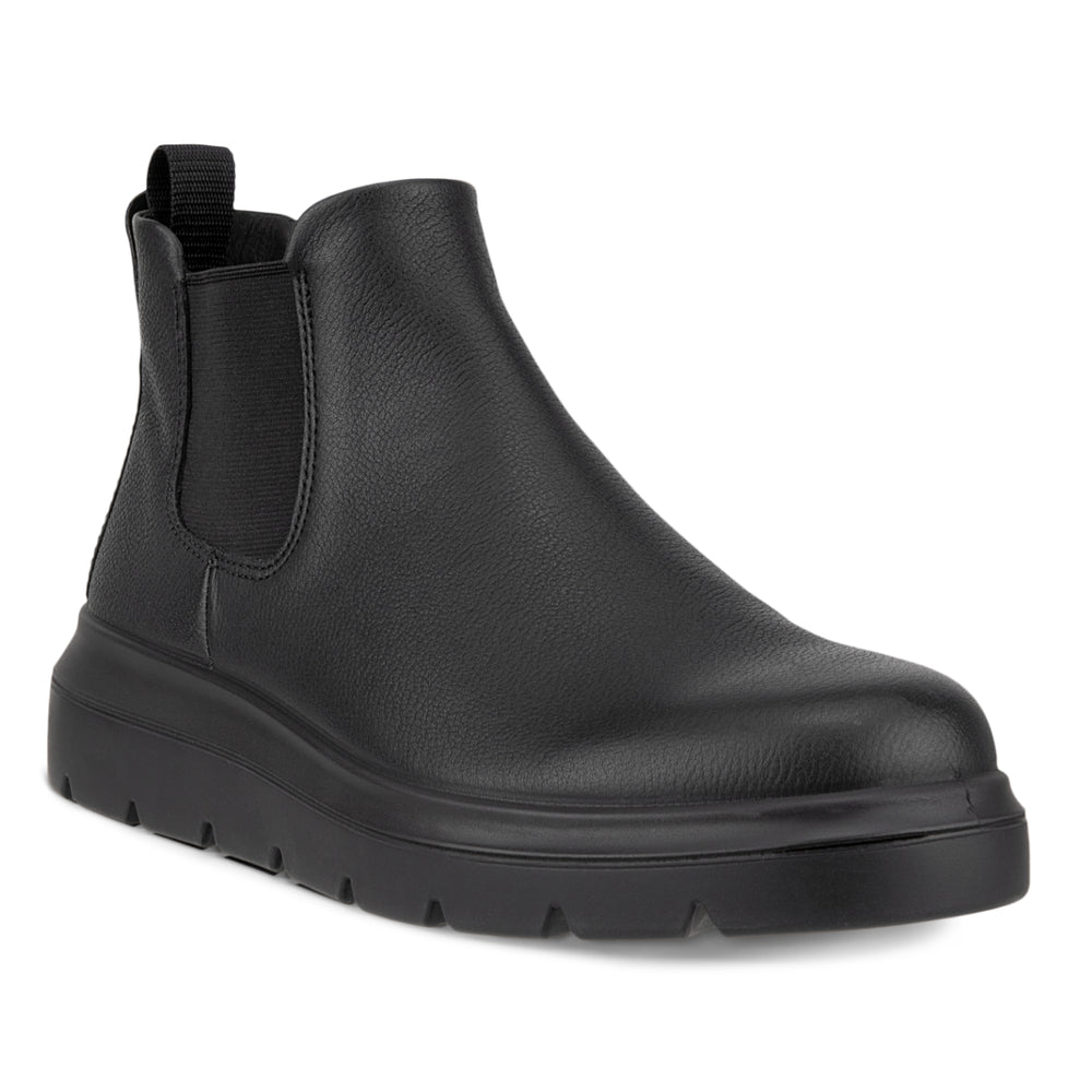 Women’s black leather waterproof Chelsea boot with a lugged rubber sole and elastic side panels. Style # 2162331001