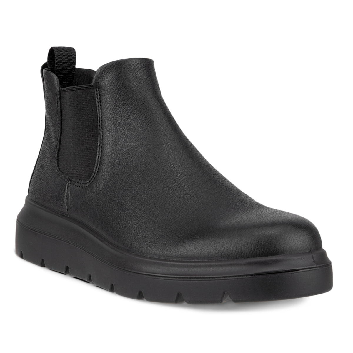 Women’s black leather waterproof Chelsea boot with a lugged rubber sole and elastic side panels. Style # 2162331001