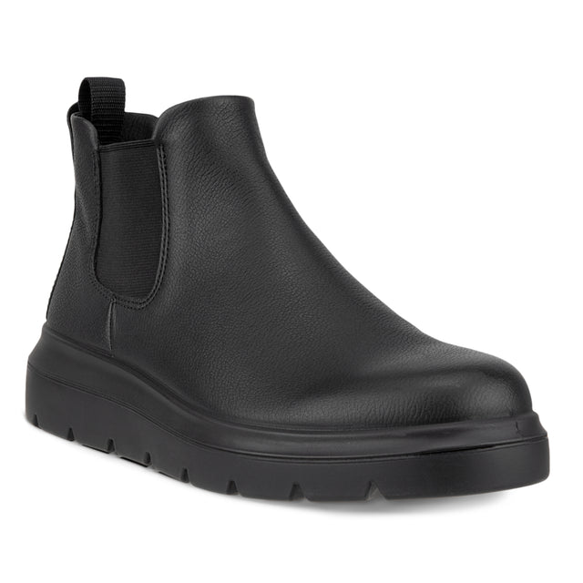 Women’s black leather waterproof Chelsea boot with a lugged rubber sole and elastic side panels. Style # 2162331001