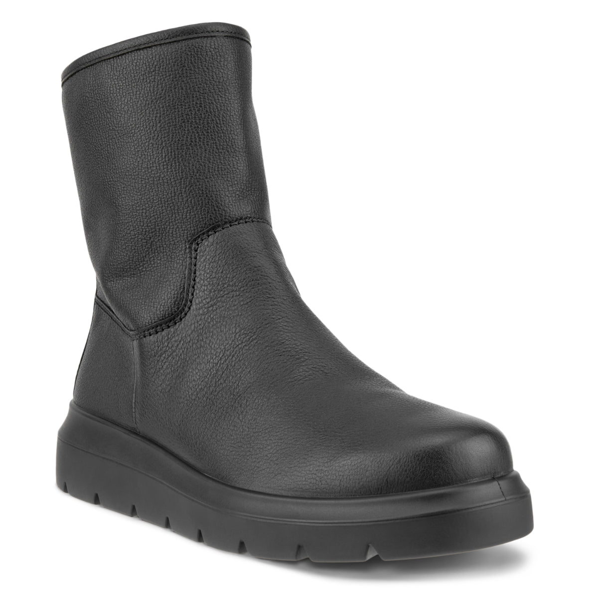 Women’s mid-cut black grained leather waterproof boot with a thick lugged sole and side zipper. Style #2162431001