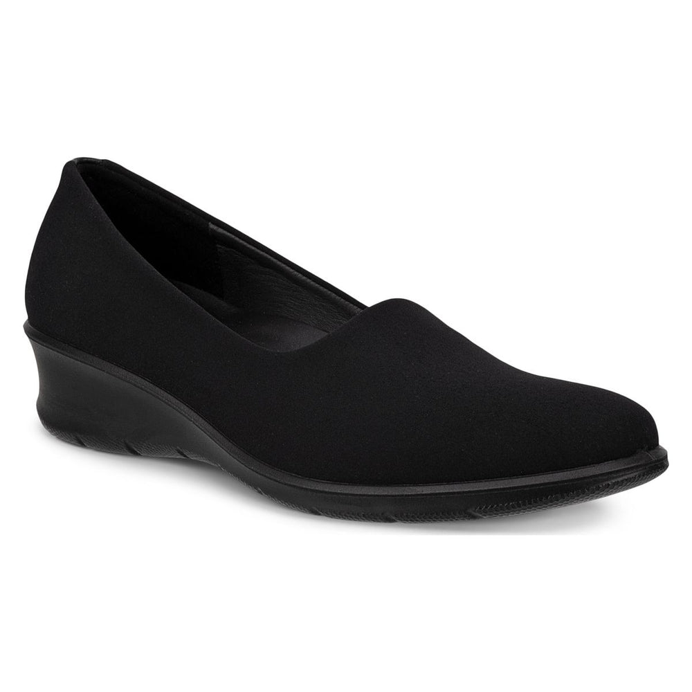 ECCO Felicia women’s wedge loafer in leather and textile with cushioned leather lining, ECFS™ inlay sole, and FLUIDFORM™ technology for stable, all-day comfort.