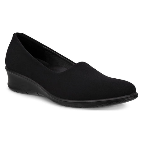 ECCO Felicia women’s wedge loafer in leather and textile with cushioned leather lining, ECFS™ inlay sole, and FLUIDFORM™ technology for stable, all-day comfort.
