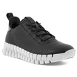 Black Ecco Gruuv leather sneakers with white segmented sole and black laces, 2182030719, angled side view on white background.