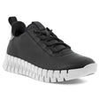 Black Ecco Gruuv leather sneakers with white segmented sole and black laces, 2182030719, angled side view on white background.