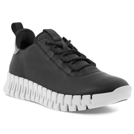 Black Ecco Gruuv leather sneakers with white segmented sole and black laces, 2182030719, angled side view on white background.