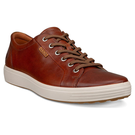ECCO Soft 7 men's low-top sneaker in cognac leather with brown laces and a white sole. ID: 4300041053.
