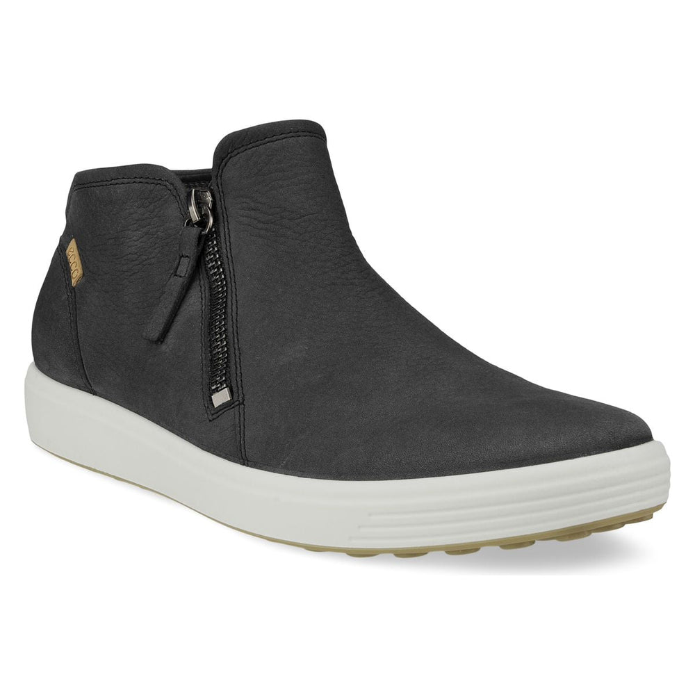 ECCO Soft 7 women’s black nubuck bootie with side zipper, low-profile cushioned outsole, and modern ankle-high silhouette for sleek everyday wear.

Style #43024331