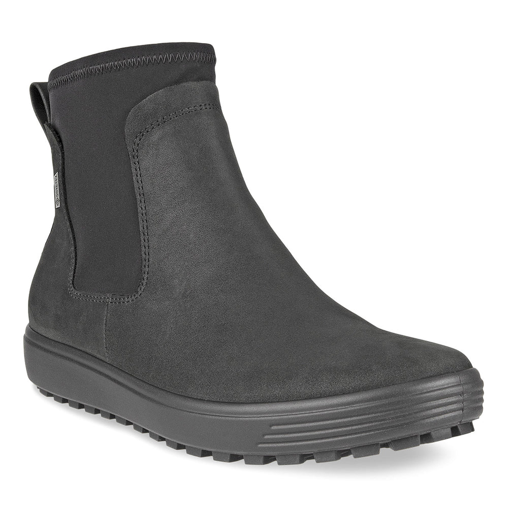 ECCO Soft 7 Tred women’s black oiled nubuck Chelsea boot with side goring, inside zipper, waterproof Gore-Tex lining, and lugged outsole for rugged, stylish comfort.

Style #45046301