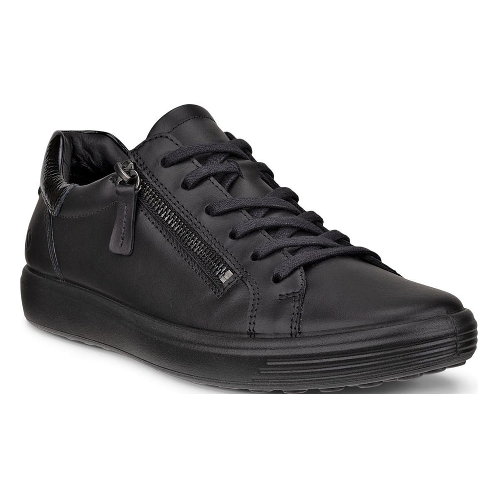 Women's black leather sneaker with lace-up closure, functional side zipper, and black rubber sole. Style #4905531052