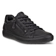 Women's black leather sneaker with lace-up closure, functional side zipper, and black rubber sole. Style #4905531052