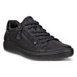 Women's black leather sneaker with lace-up closure, functional side zipper, and black rubber sole. Style #4905531052