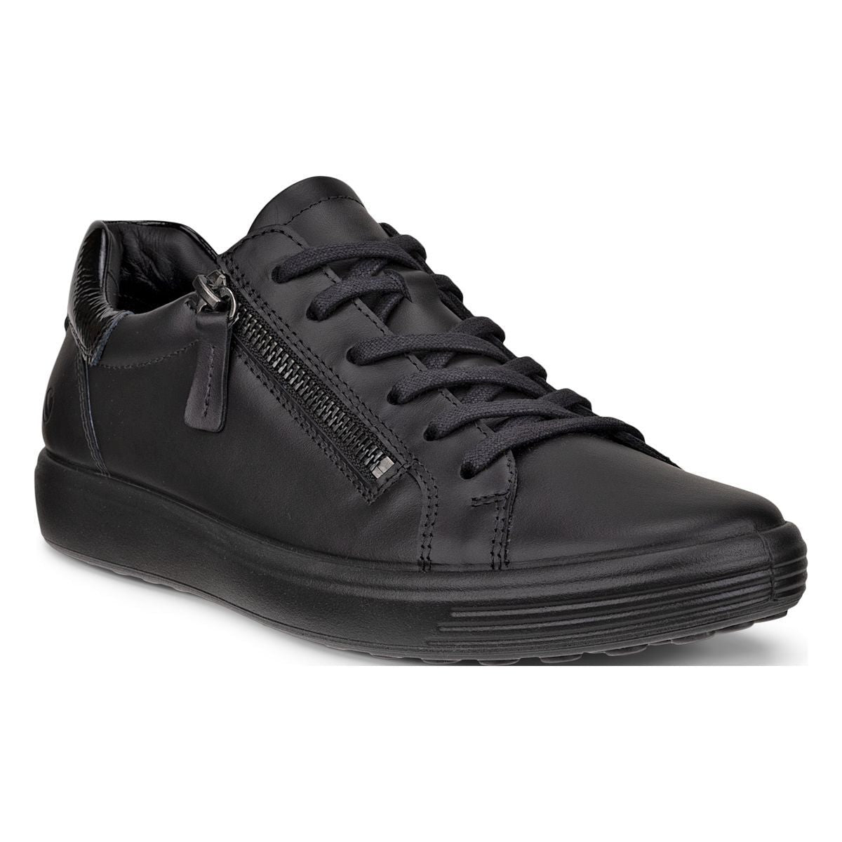 Women's black leather sneaker with lace-up closure, functional side zipper, and black rubber sole. Style #4905531052