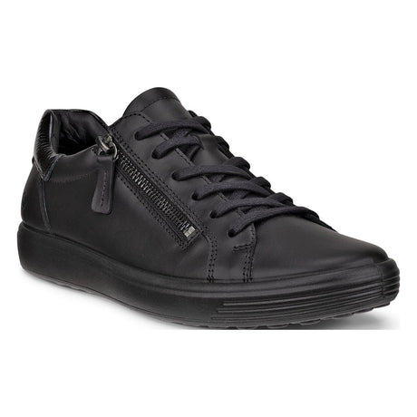 Women's black leather sneaker with lace-up closure, functional side zipper, and black rubber sole. Style #4905531052