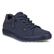 Women's marine blue nubuck sneaker with lace-up closure, side zipper, and matching blue sole. Style #4905531332