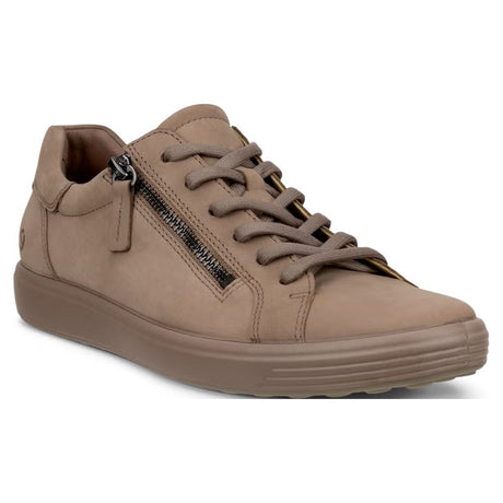 Ecco Soft 7 women's low-top sneaker in brown leather with side zipper closure. Style 4905530418