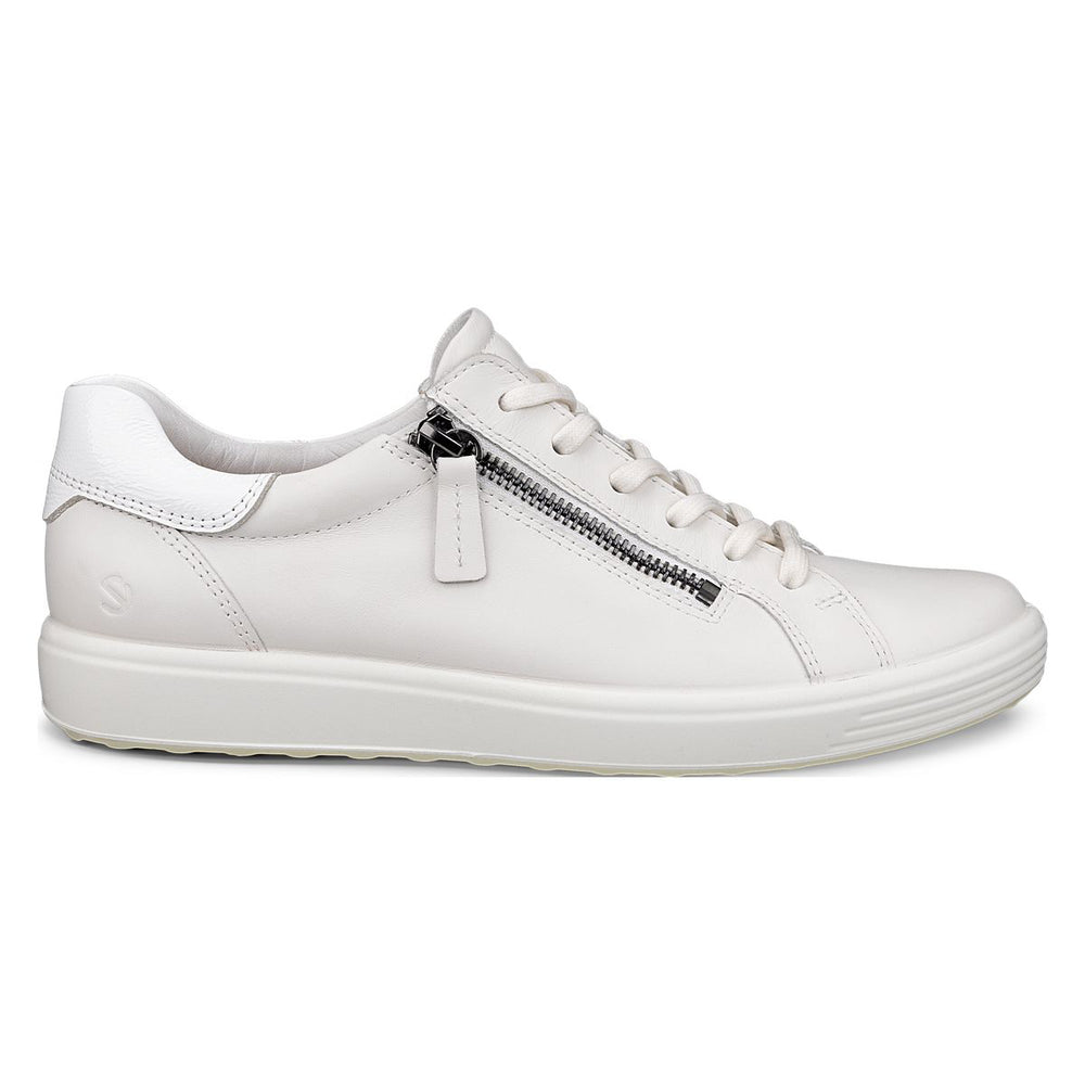 Women's white leather sneaker with lace-up closure, functional side zipper, and white rubber sole. Style #4905530696