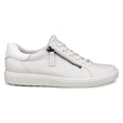 Women's white leather sneaker with lace-up closure, functional side zipper, and white rubber sole. Style #4905530696