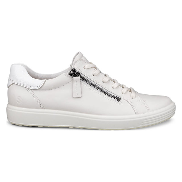 Women's white leather sneaker with lace-up closure, functional side zipper, and white rubber sole. Style #4905530696