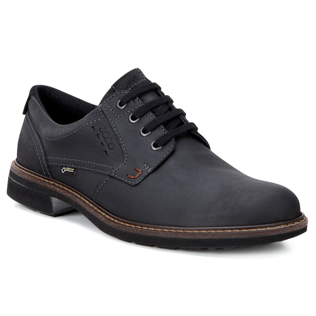 Men’s waterproof nubuck Derby shoe in dark brown with lace-up closure, low heel, and smooth leather welt for a formal yet versatile appearance.
