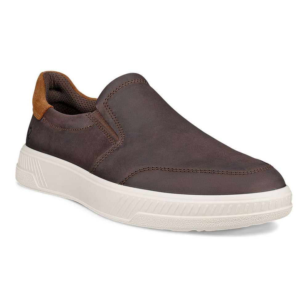 ECCO MOVE men’s black slip-on sneaker in premium oil-nubuck leather with elastic closure, breathable textile lining, and cushioned FLUIDFORM™ sole.