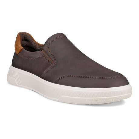 ECCO MOVE men’s black slip-on sneaker in premium oil-nubuck leather with elastic closure, breathable textile lining, and cushioned FLUIDFORM™ sole.