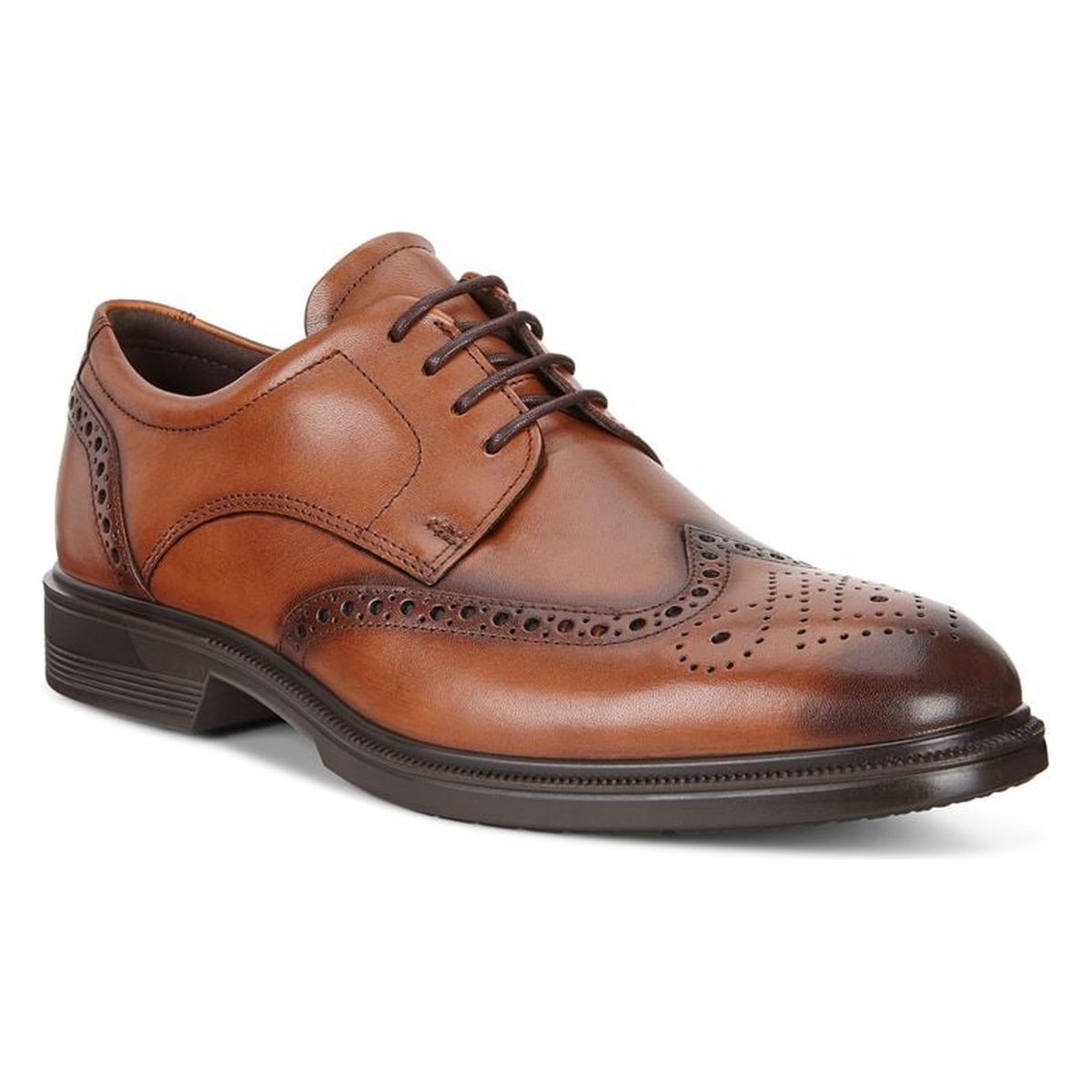 Men's amber leather wingtip brogue dress shoe with lace-up closure and decorative perforations. Style # 6221641112