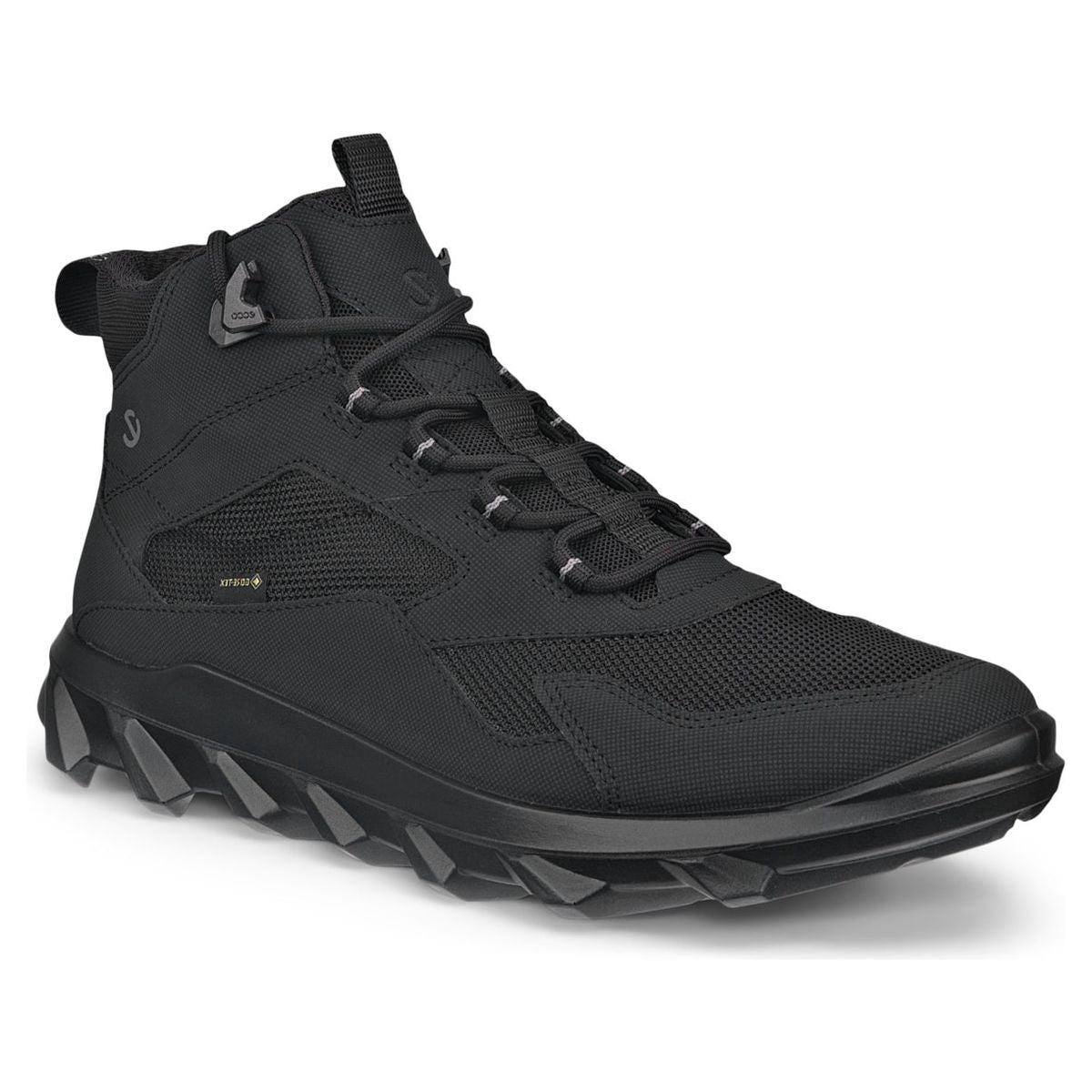 Women’s black mid-cut waterproof sneaker boot with GORE-TEX, mesh panels, and rugged lugged outsole. Style # 8202231052