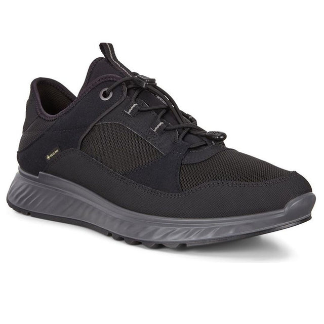 All-black men's athletic sneaker with GORE-TEX logo, bungee laces, and a thick grey textured midsole. Style #8353340001