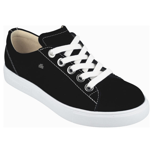 Women’s black suede casual lace-up shoe with contrasting white laces and a white rubber sole. Style #2479615393