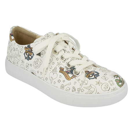 Women’s white leather casual lace-up shoe featuring a multi-colour tattoo-style graffiti print and white sole. Style #2479632000