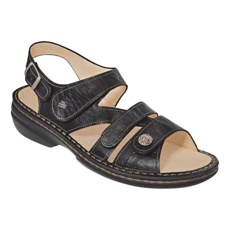 Finn Gomera Fully Adjustable Sandal in Black Leather with Removable Footbed for custom orthotics. Great for Medium to Wide feet. Style #2562345099