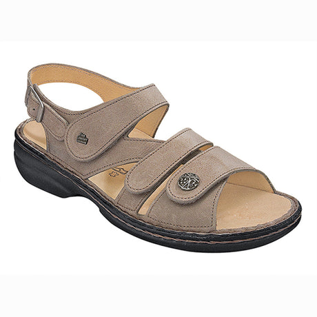 Gomera Sandal in Taupe with Three adjustable Velcro straps and buckle backstrap for personalized fit and a removable insole for custom orthotic