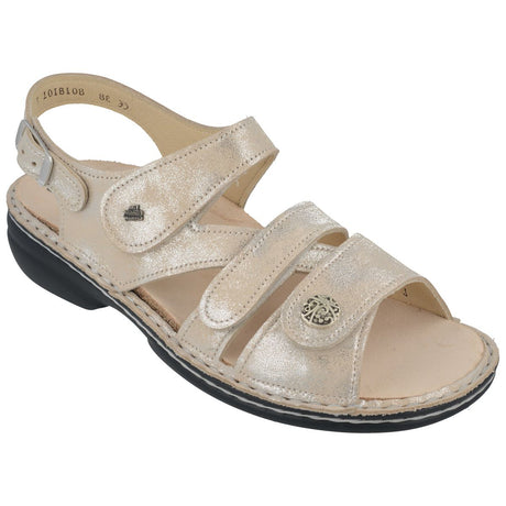 Metallic shell-coloured leather sandal with three adjustable velcro straps and a durable black sole. Style #2562843525