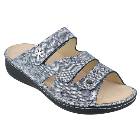 Blue leather sandal with three adjustable Velcro straps, removable cork-latex footbed, and flexible polyurethane sole designed for supportive, comfortable wear. Style #2640732241