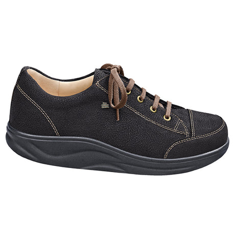 Women’s black textured leather lace-up sneaker with contrast stitching, brown laces, and a supportive black sole. Style #2911307099
