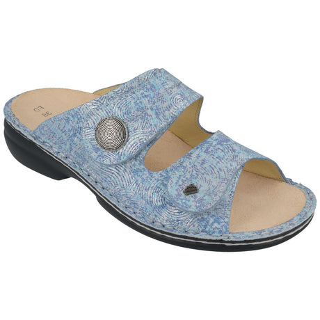Women's blue textured leather slide sandal with two adjustable straps, a silver button detail, and a black sole. Style #2550840214