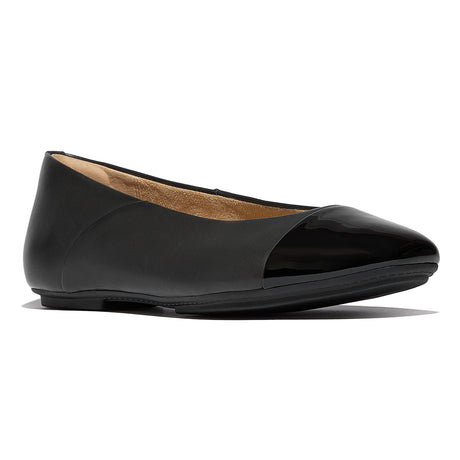 Slim black leather ballerina flat with a square toe, subtle bow accent, and contoured cushioning—elegant style designed for lasting foot support. Style #E30-090
