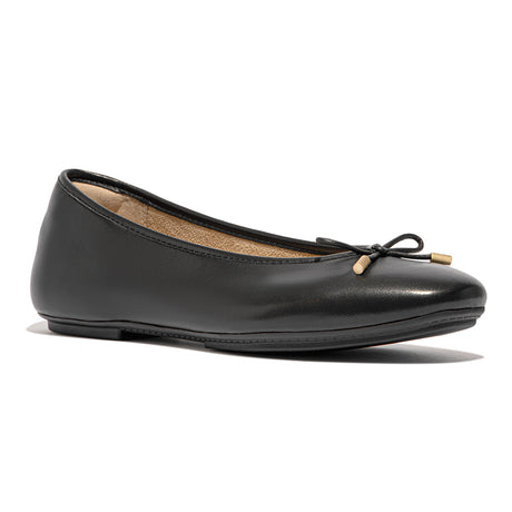 Women’s ballet flat in soft nappa leather with square toe, arch-support footbed, hidden cushioning, and small bow with recycled metal tips.  Style #HX8-001