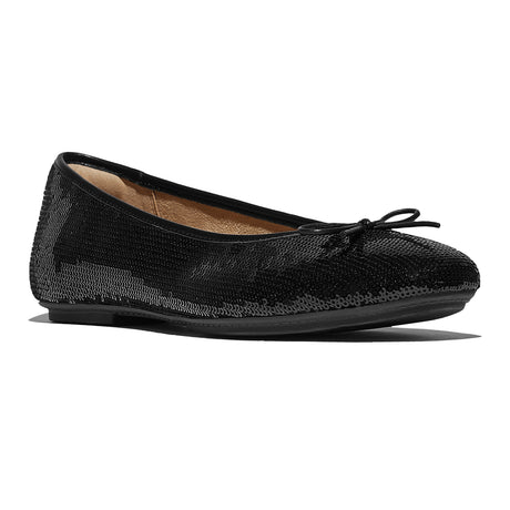 Women’s butter-soft leather ballet flat with square toe, cushioned arch-support footbed, slip-resistant sole, and decorative bow with metal tips. Style #E3H-001
