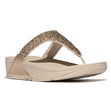 Women's platino thong sandal featuring a glitter-encrusted strap, metallic heel detail, and a wedge sole. Style #A4L-675
