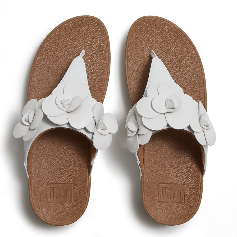LULU Flower Leather Toe-Post Sandals in White