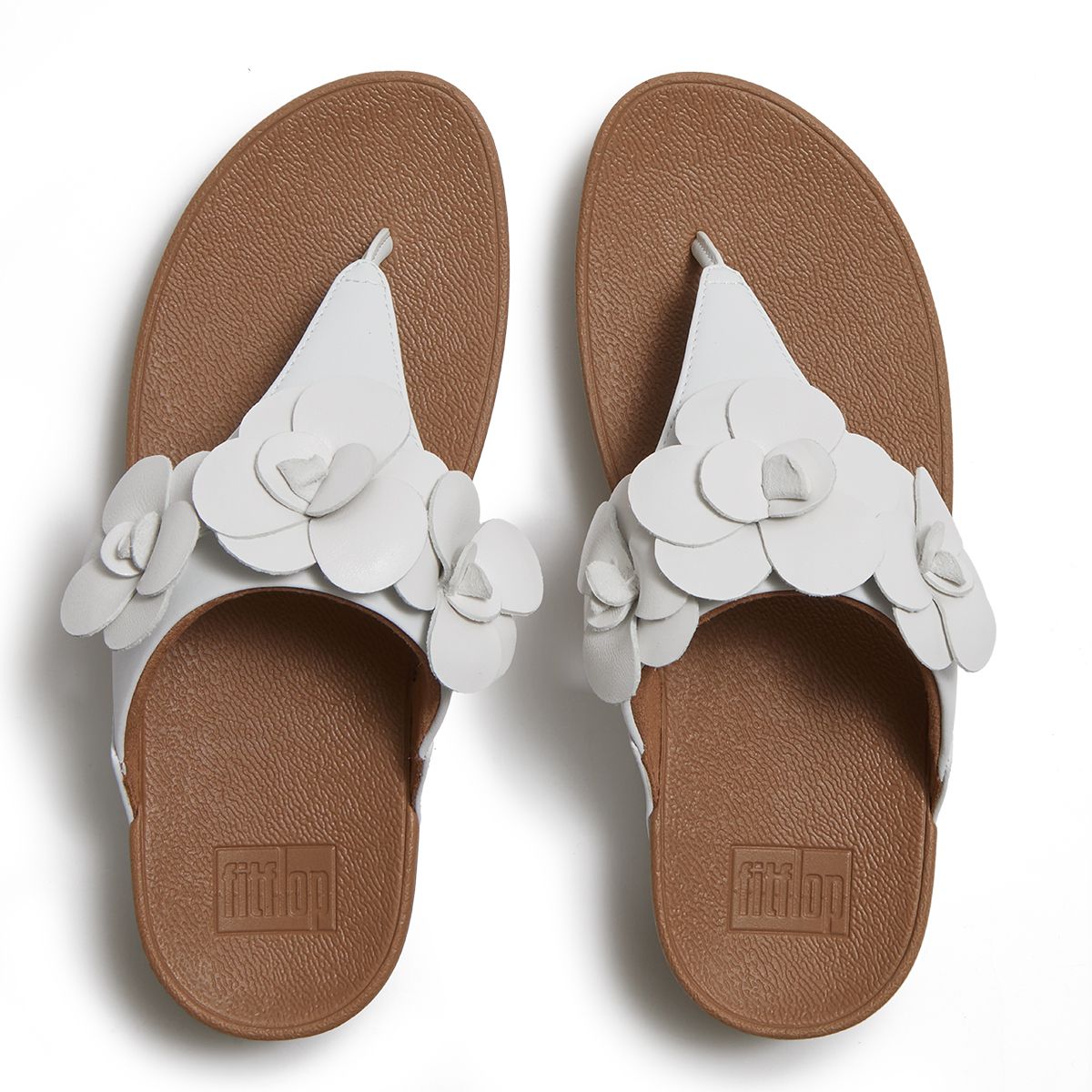 LULU Flower Leather Toe-Post Sandals in White
