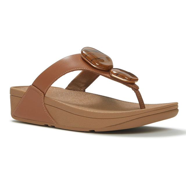 Women's deep tan leather thong sandal with two marble-effect stones on the strap and a tan wedge sole. Style #A4L-C15