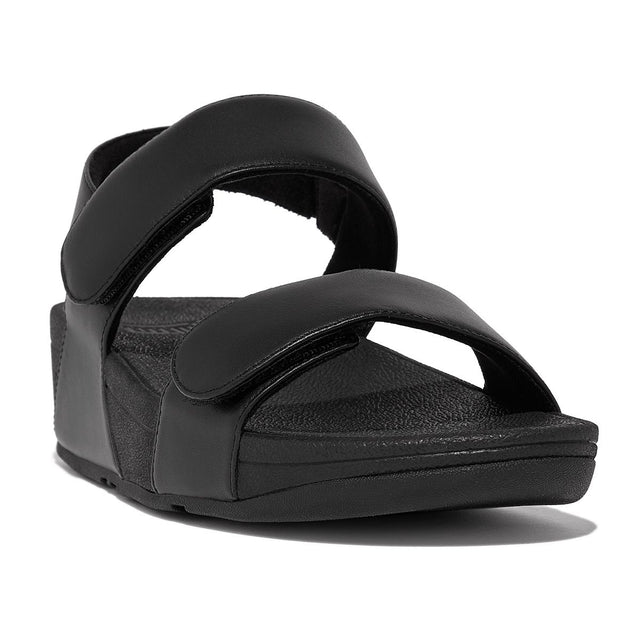 Women's black leather slide sandal with two wide adjustable hook-and-loop straps and a thick black wedge sole. Style #FV8-090