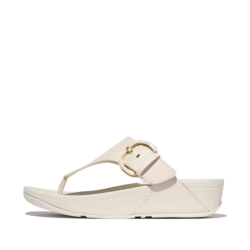 LULU Covered-Buckle Toe Thong Slide in Beige