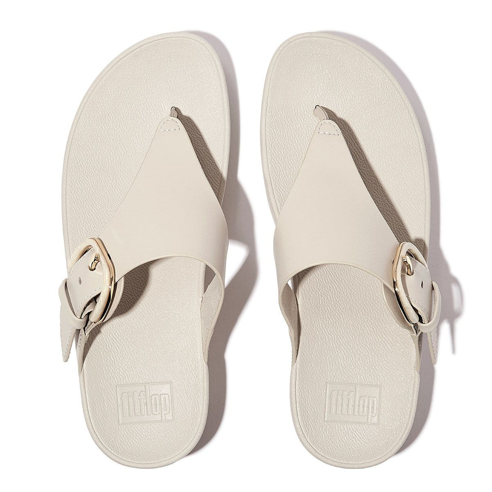 LULU Covered-Buckle Toe Thong Slide in Beige