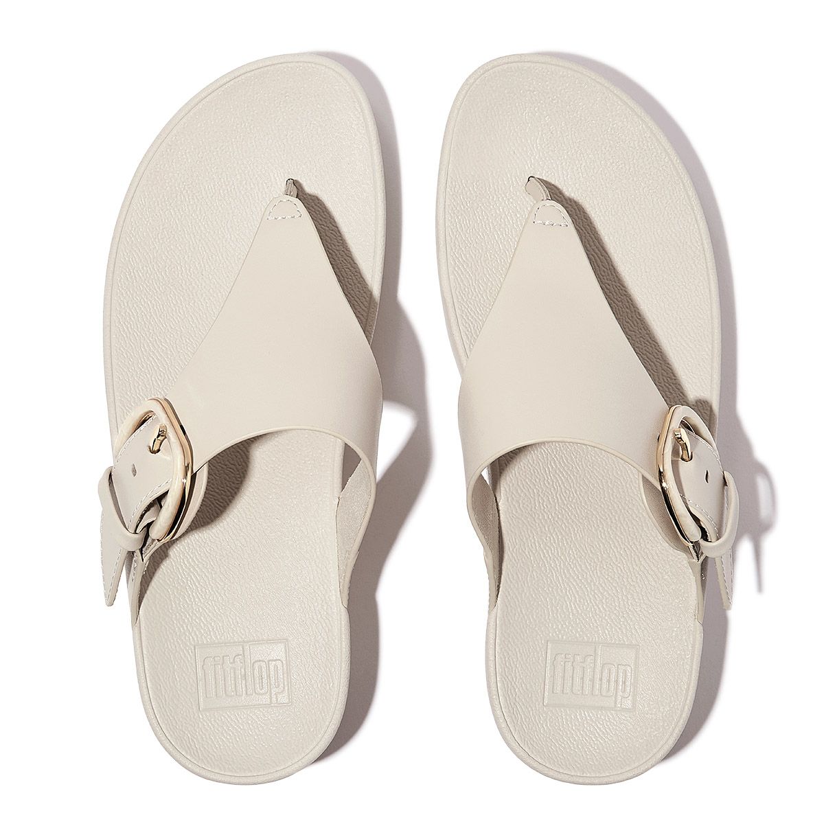 LULU Covered-Buckle Toe Thong Slide in Beige