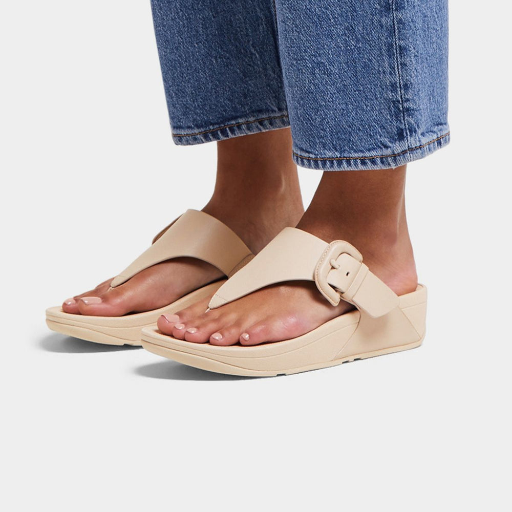 LULU Covered-Buckle Toe Thong Slide in Beige